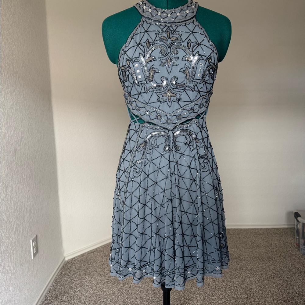 NEW WITH TAGS-ASOS DESIGN high neck mini dress with cutouts and godets embellish